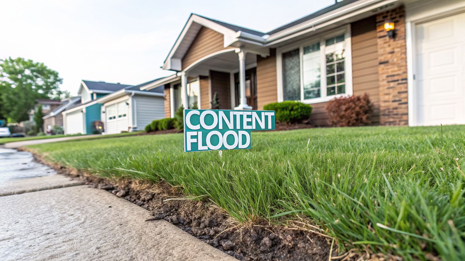 A 'CONTENT FLOOD' sign on a green lawn in a suburban neighborhood with houses in the background.
