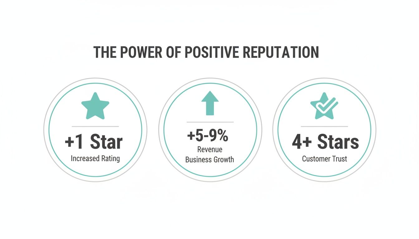 Infographic showing the power of positive reputation, leading to increased rating, business growth, and customer trust.