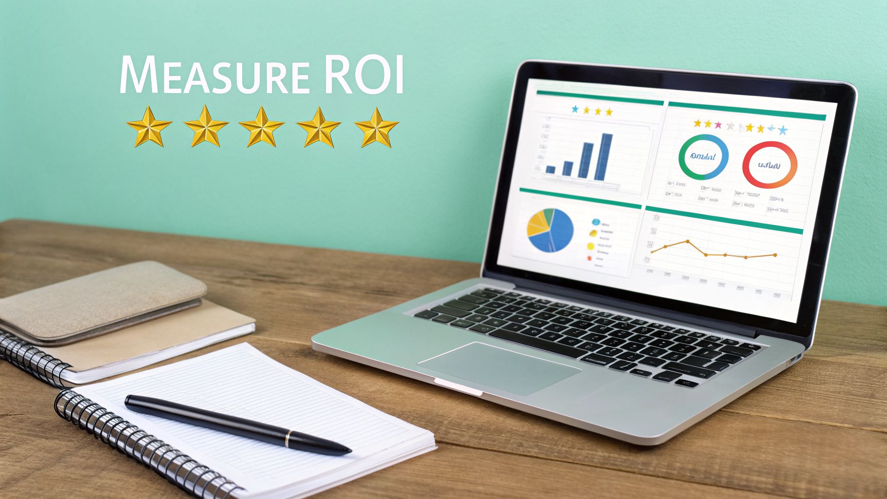 Laptop displaying ROI charts and graphs on a desk with notebooks, 'MEASURE ROI' text and five stars.