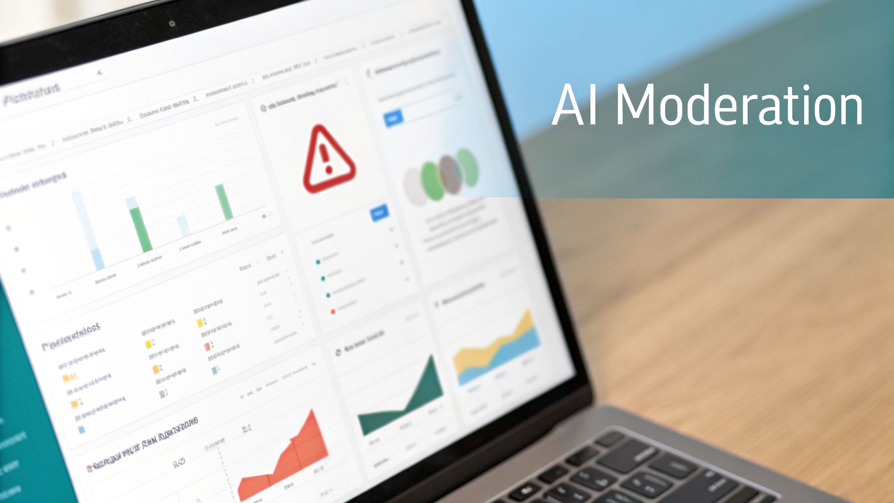 Laptop screen displaying an AI moderation dashboard with charts, graphs, and an alert icon.