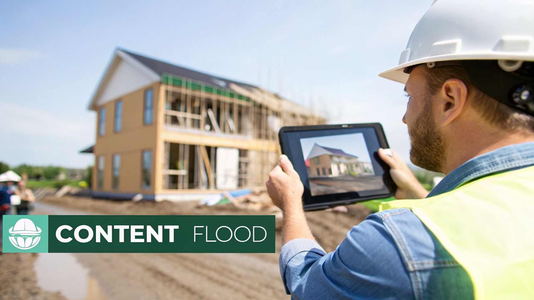 A construction worker in a hard hat views a finished house design on a tablet at a construction site.