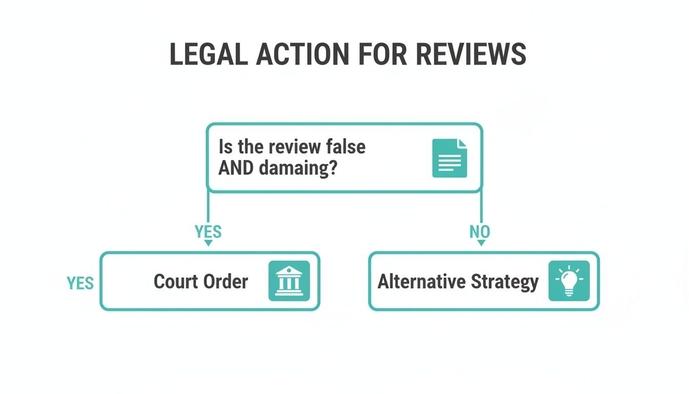 Flowchart illustrating legal actions for reviews, asking if a review is false AND damaging.