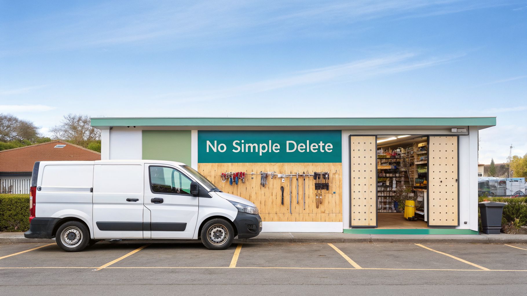 White delivery van parked in front of a unique store building with 'No Simple Delete' sign.