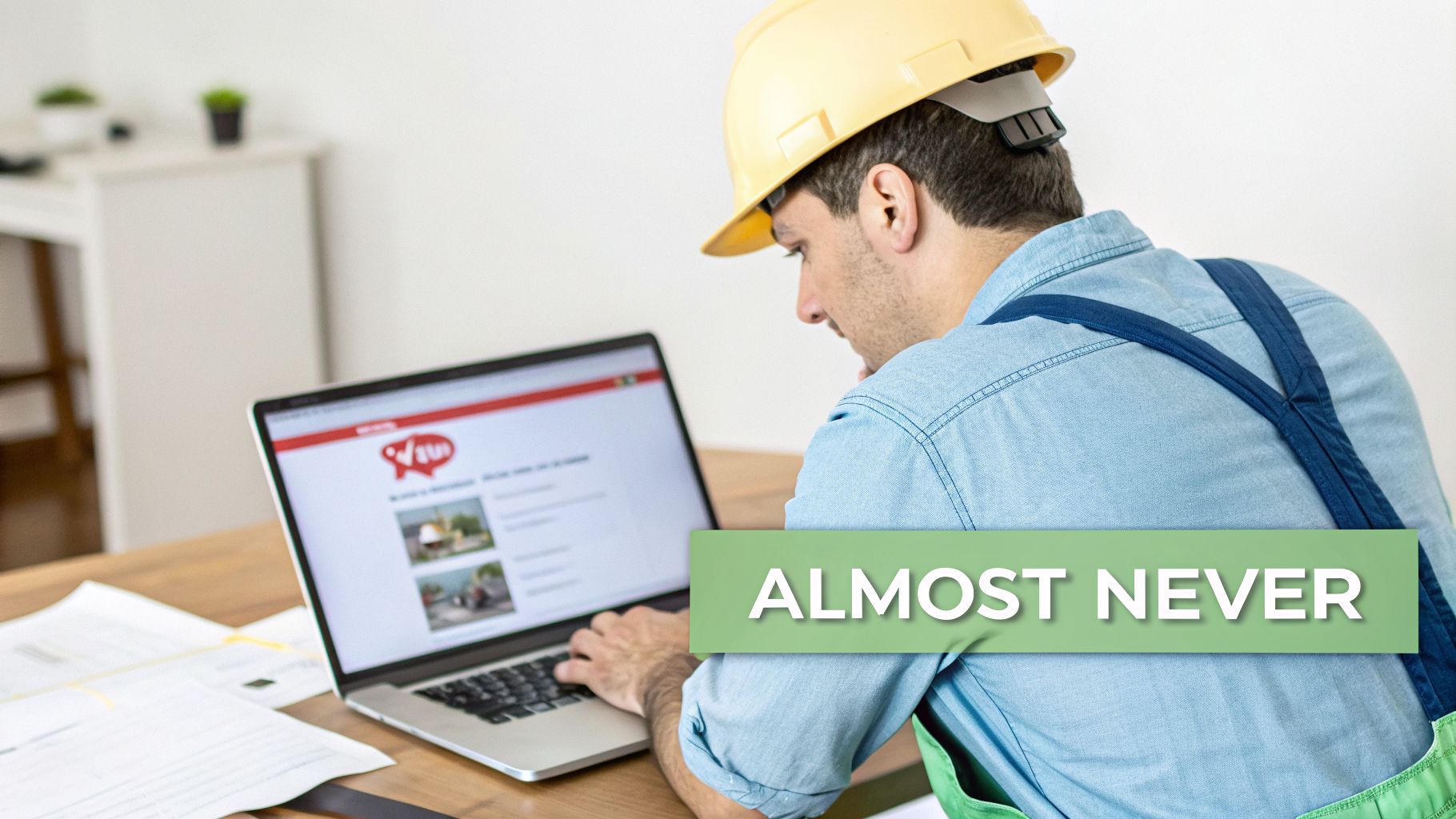 A construction worker in a yellow hard hat and denim shirt typing on a laptop, with text "ALMOST NEVER".