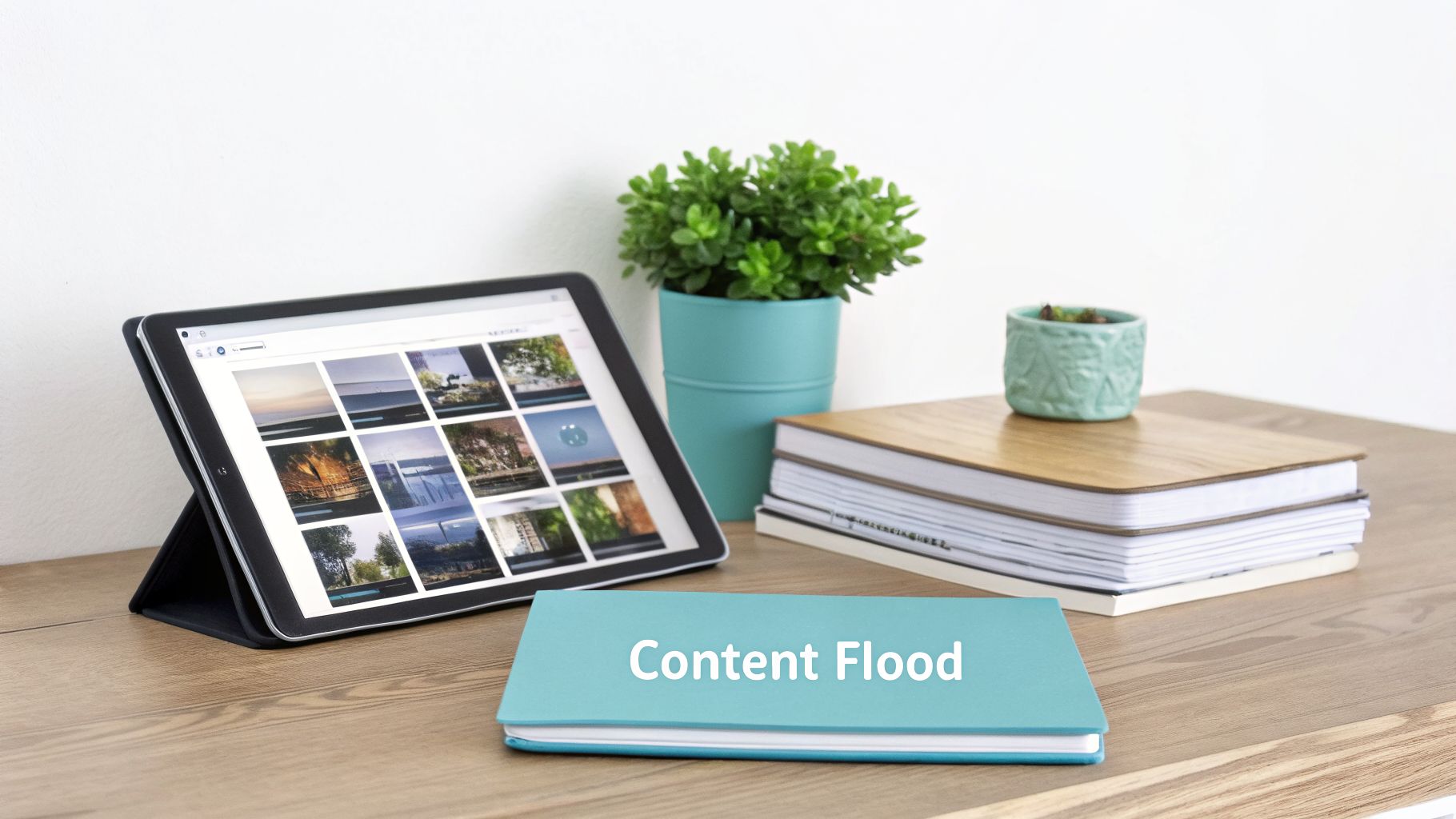 A tablet showing a photo gallery, a plant, books, and a notebook titled "Content Flood" on a desk.