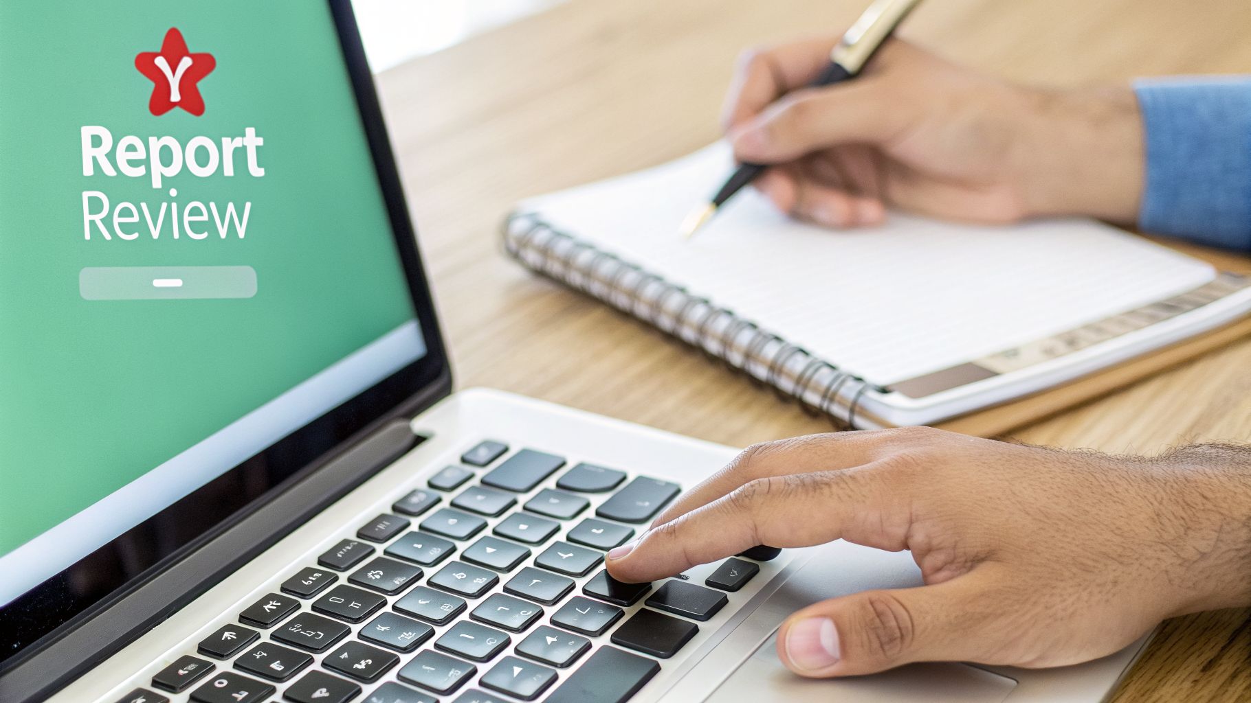 Person working on a laptop displaying 'Report Review' and simultaneously writing notes in a notebook.
