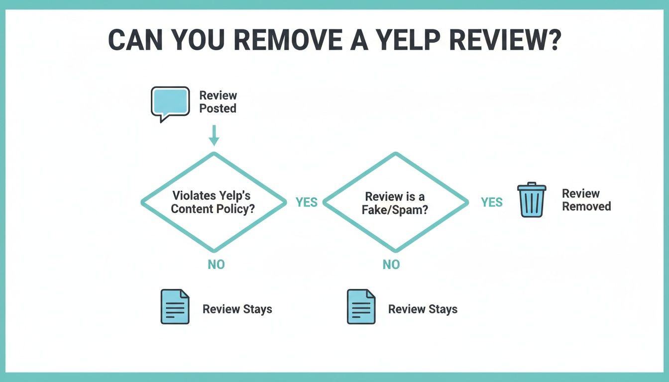 Flowchart explaining the process for removing a Yelp review if it violates content policy or is spam.