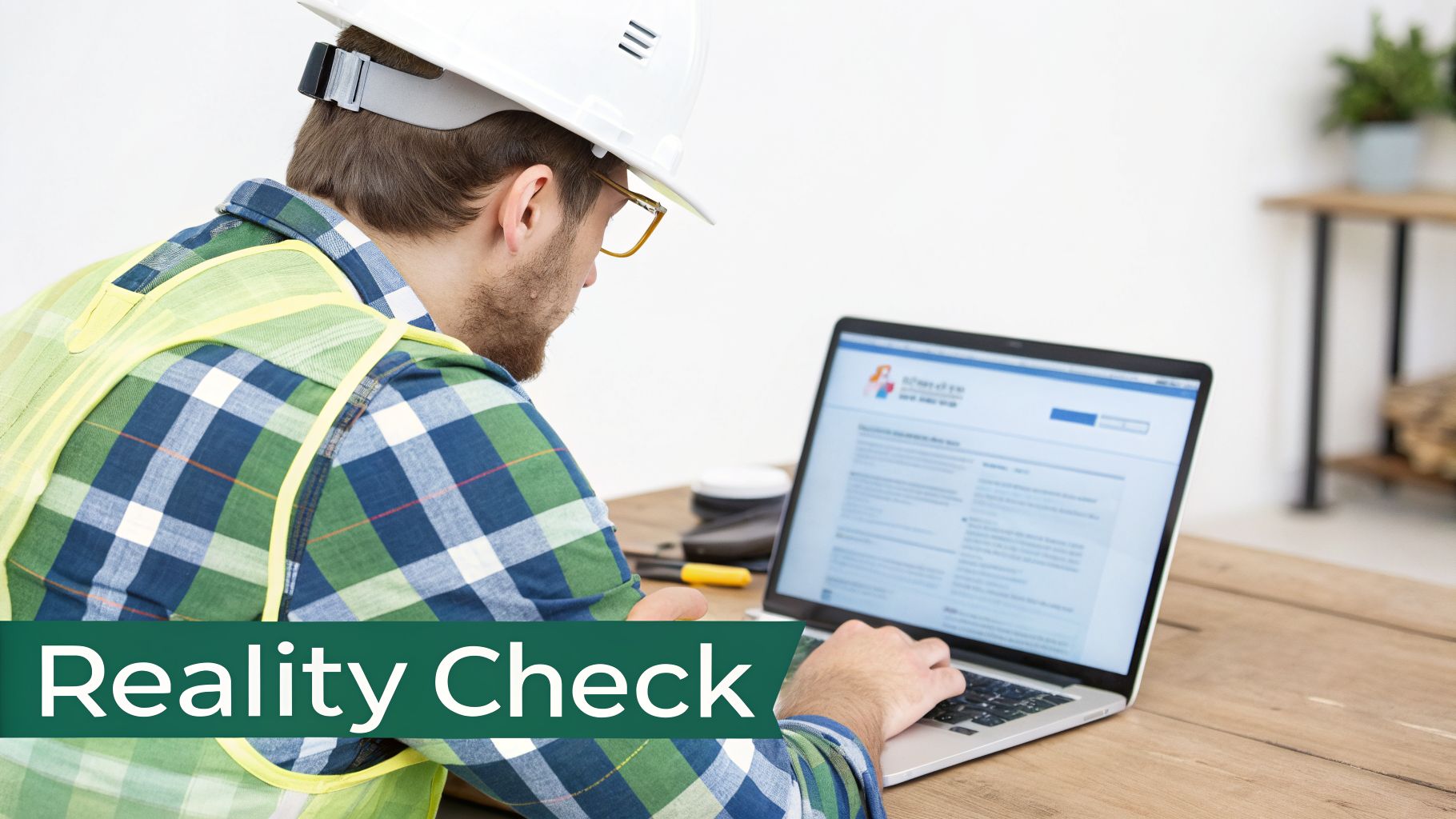 A construction worker in a hard hat and safety vest typing on a laptop at a wooden desk.