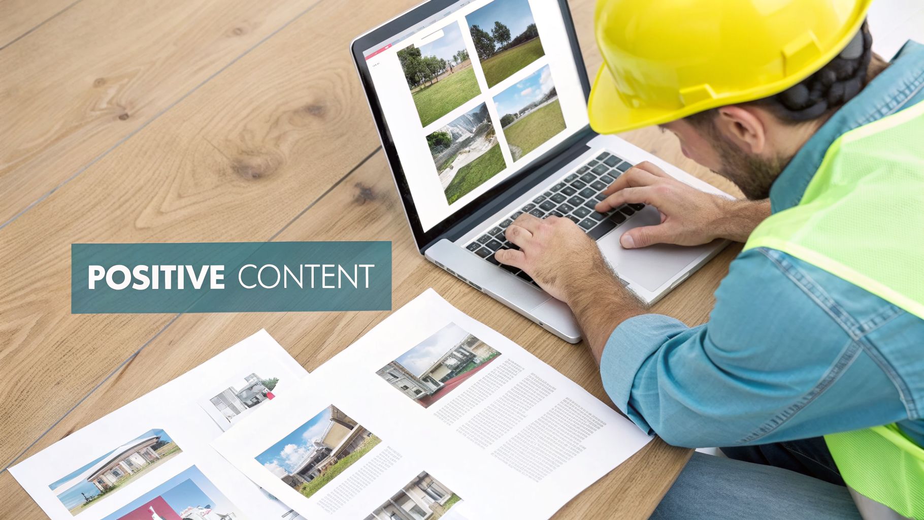 Man in hard hat and safety vest types on a laptop displaying photos, with documents and 'POSITIVE CONTENT' text.