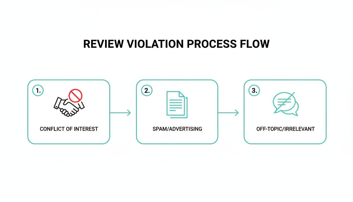 Flowchart illustrating the review violation process, detailing steps for conflict of interest, spam, and off-topic reviews.