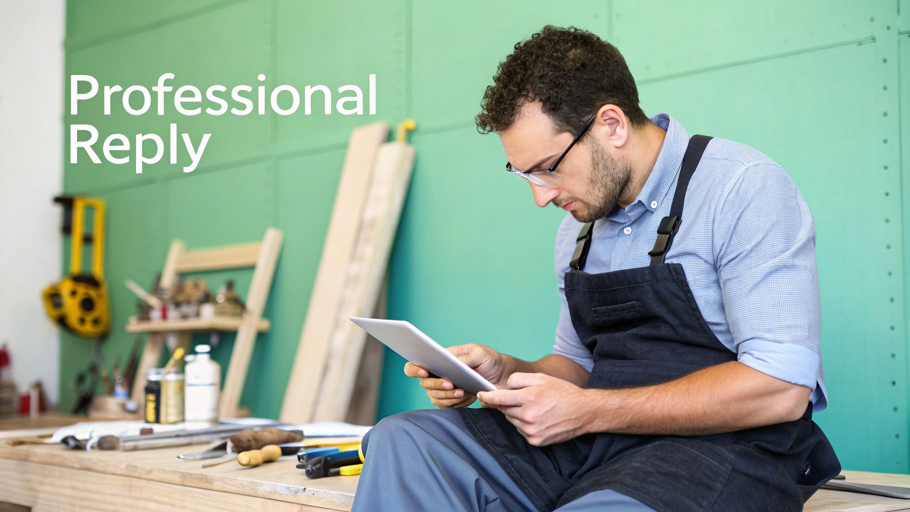 A male craftsman wearing an apron and safety glasses reviews content on a tablet in his workshop.