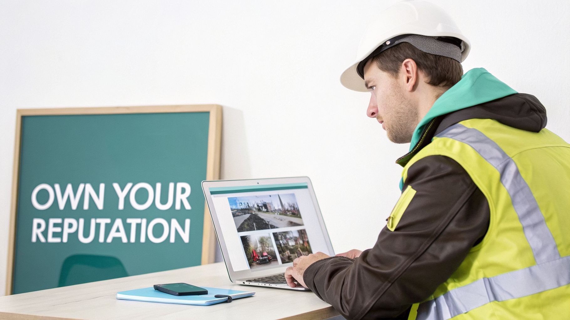 A construction worker in a hard hat and safety vest reviews construction images on a laptop, emphasizing reputation management.