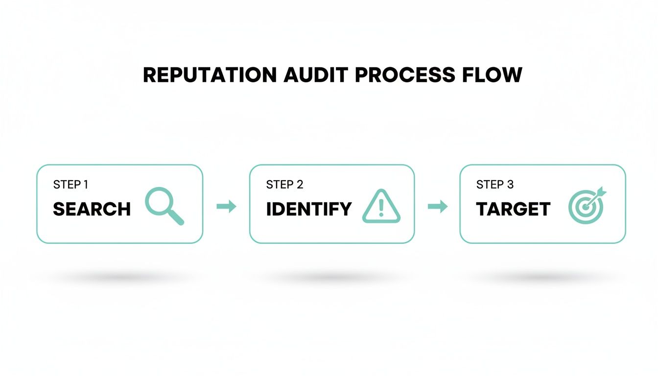 Reputation audit process flow diagram outlining three steps: Search, Identify, and Target.