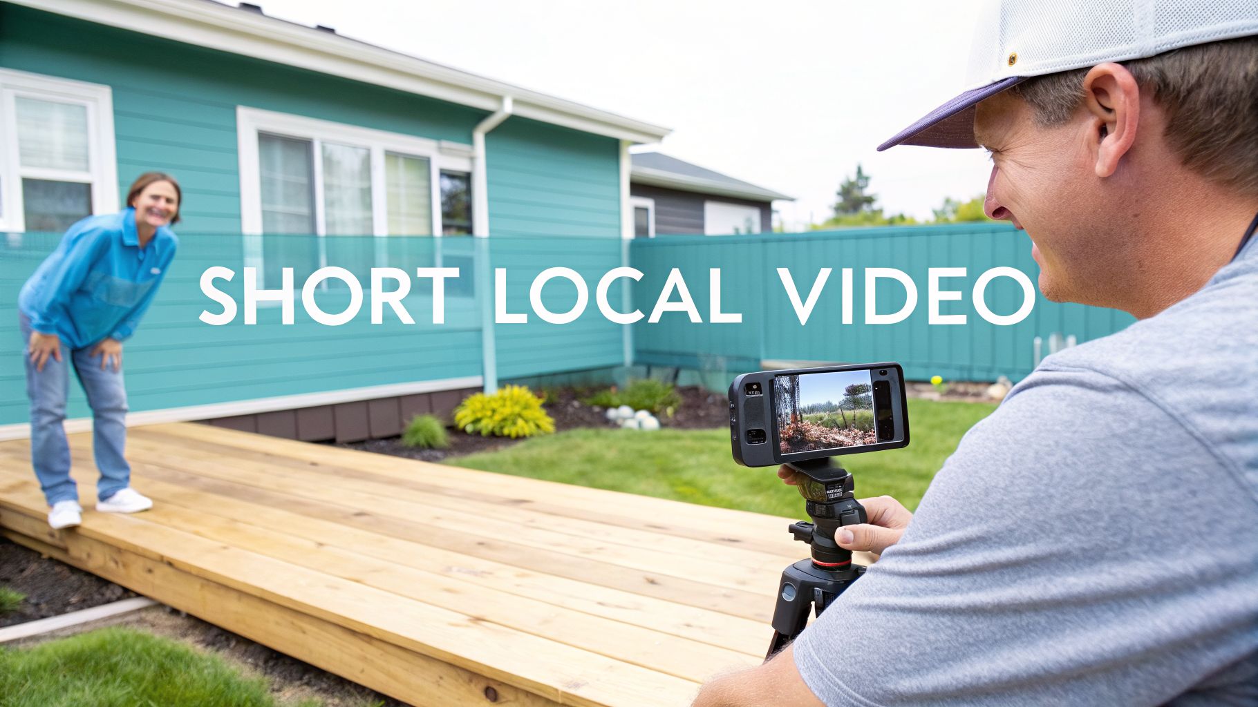 A man films a smiling woman with a smartphone on a tripod in a backyard, featuring "SHORT LOCAL VIDEO" overlay.