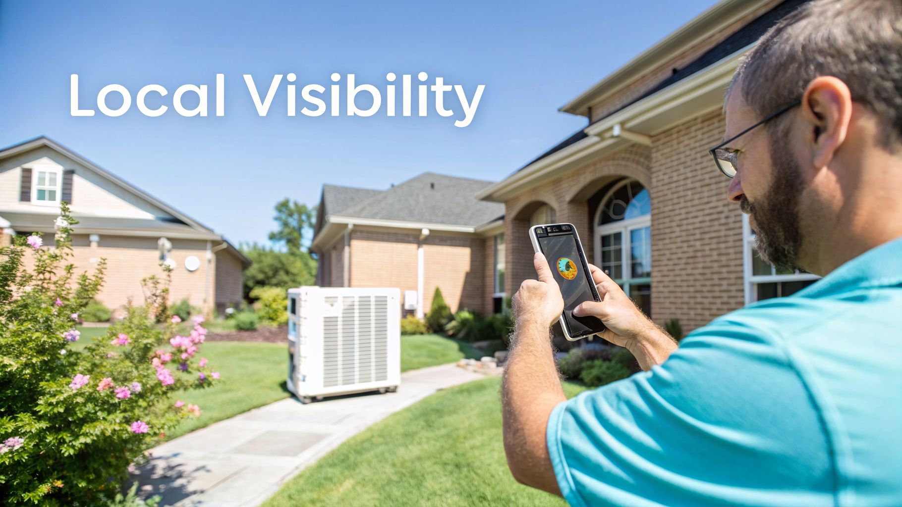 Man using a smartphone app to monitor an HVAC unit outside a suburban house.