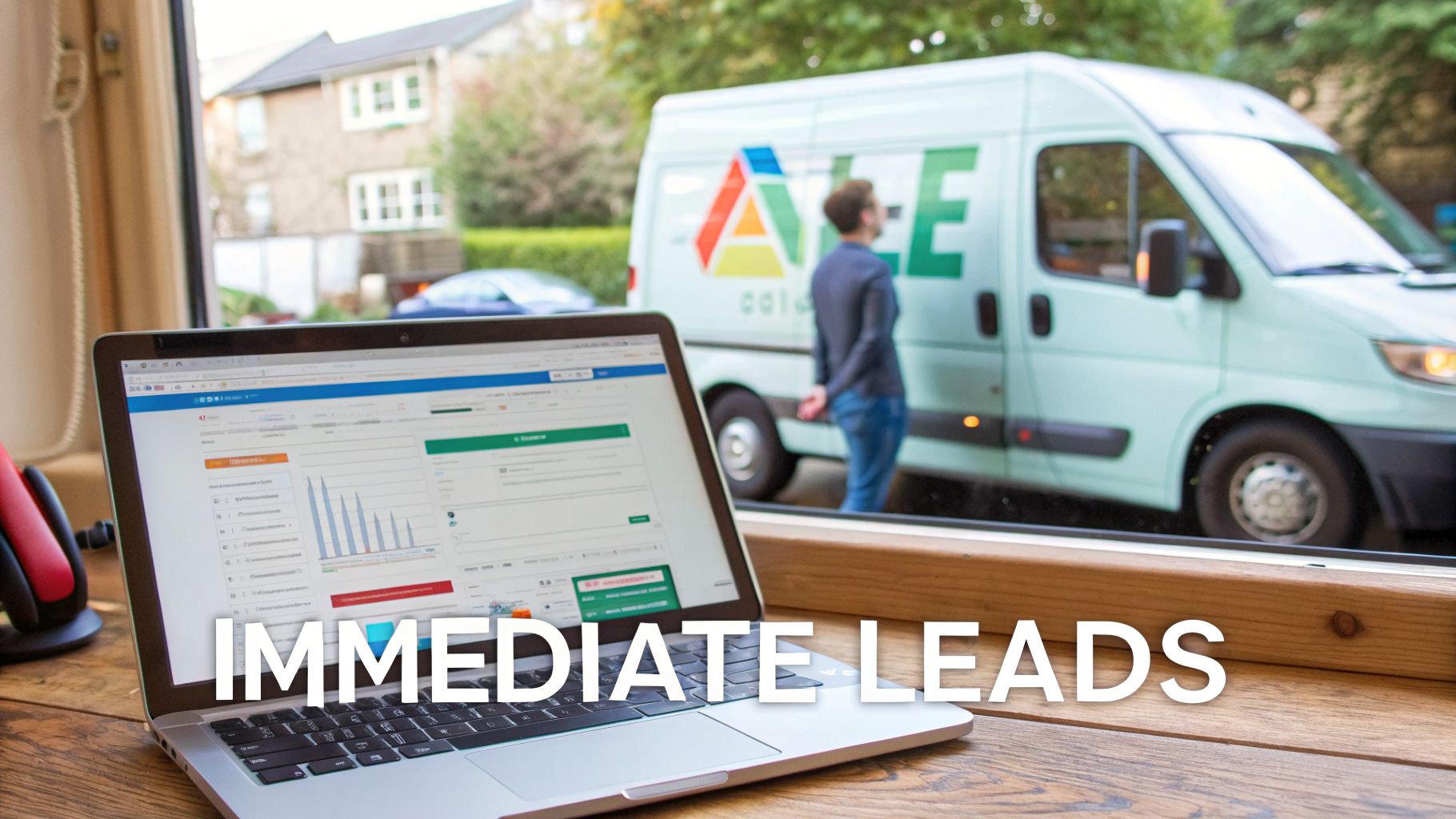 Laptop displaying a digital marketing dashboard for immediate leads, with a delivery van visible through the window.