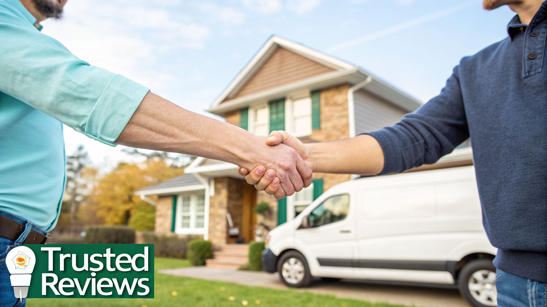 Two men shaking hands in front of a house and a white delivery van, symbolizing a completed transaction.