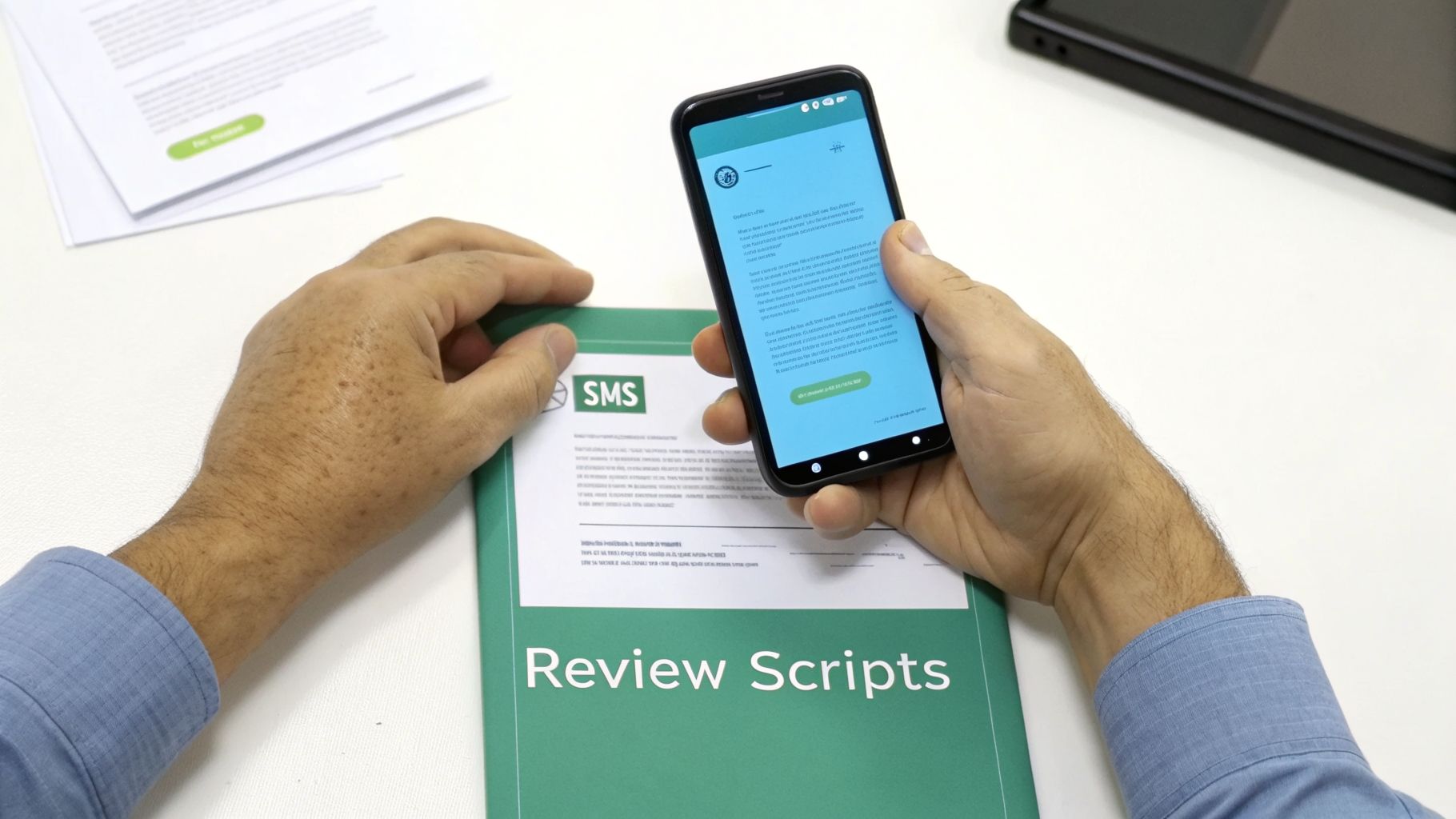 Close-up of hands reviewing scripts on a green folder and a smartphone displaying a document.