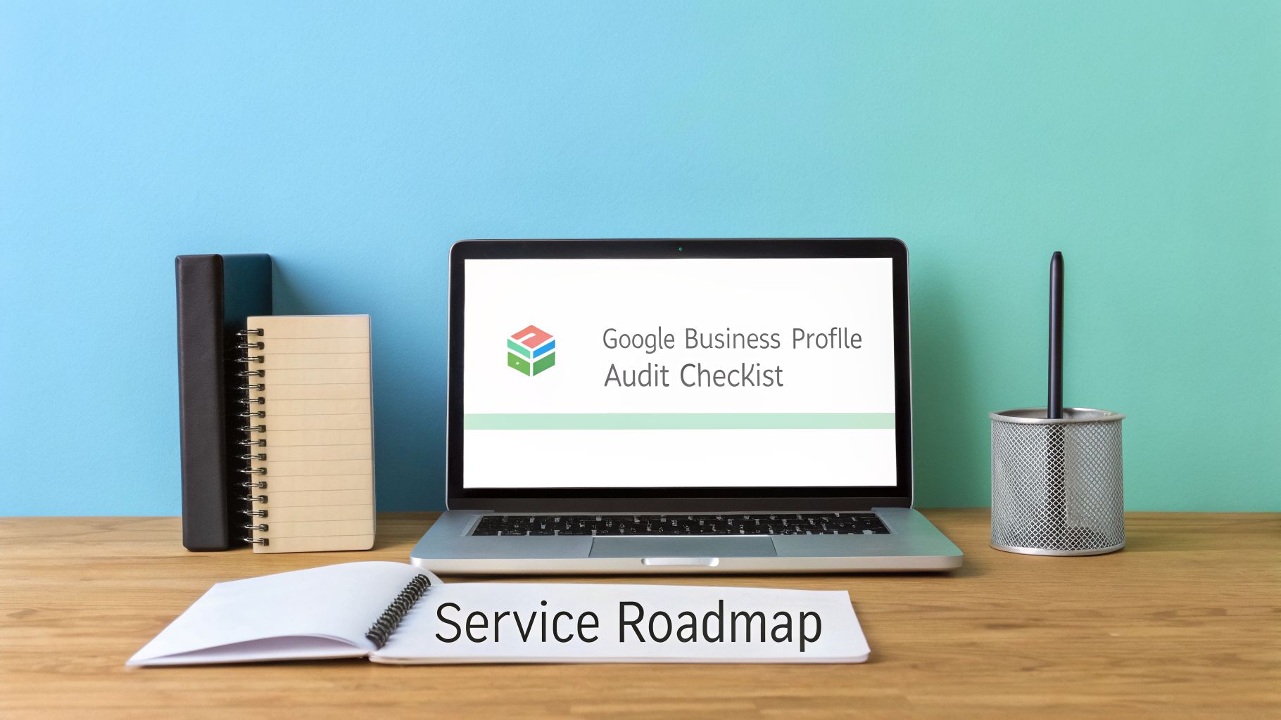 A professional workspace featuring a laptop displaying a "Google Business Profile Audit Checklist" and a notebook with "Service Roadmap" text.