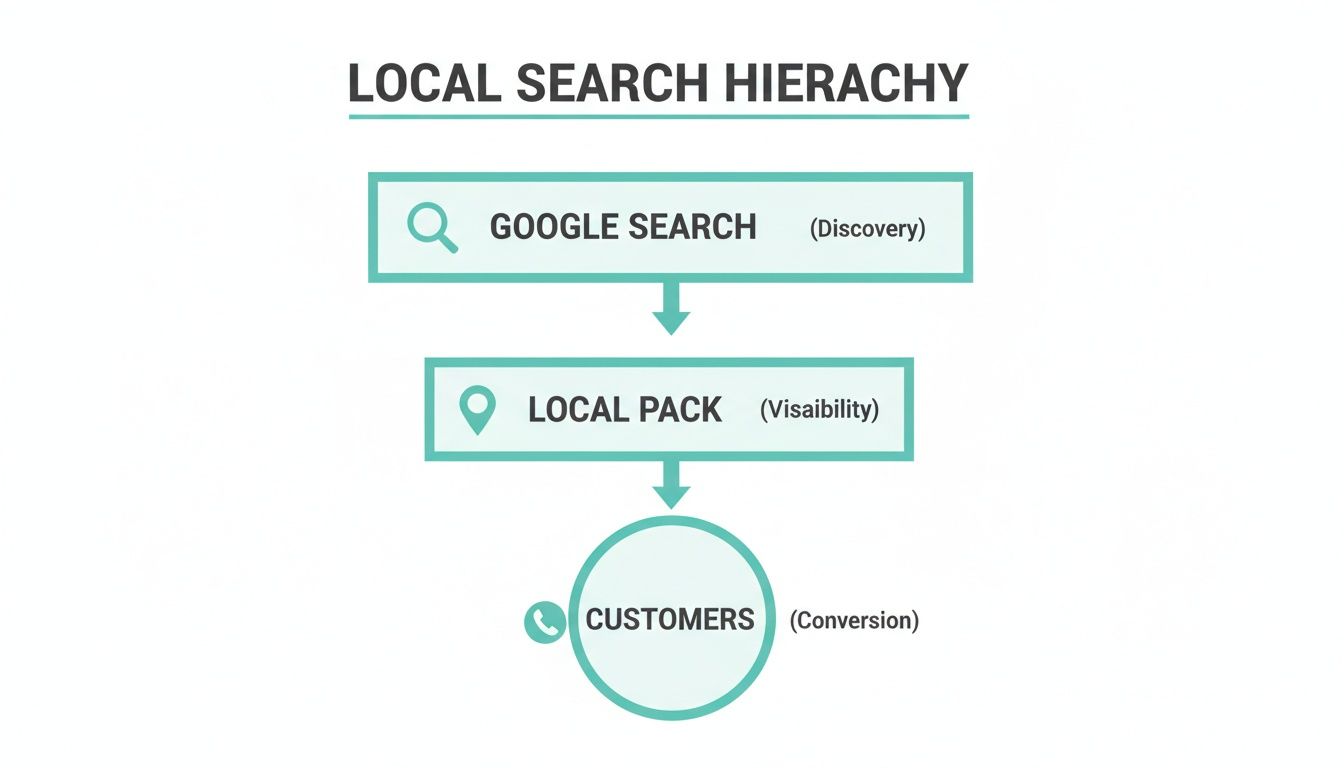Flowchart illustrating the local search hierarchy, showing Google Search, Local Pack, and Customers.