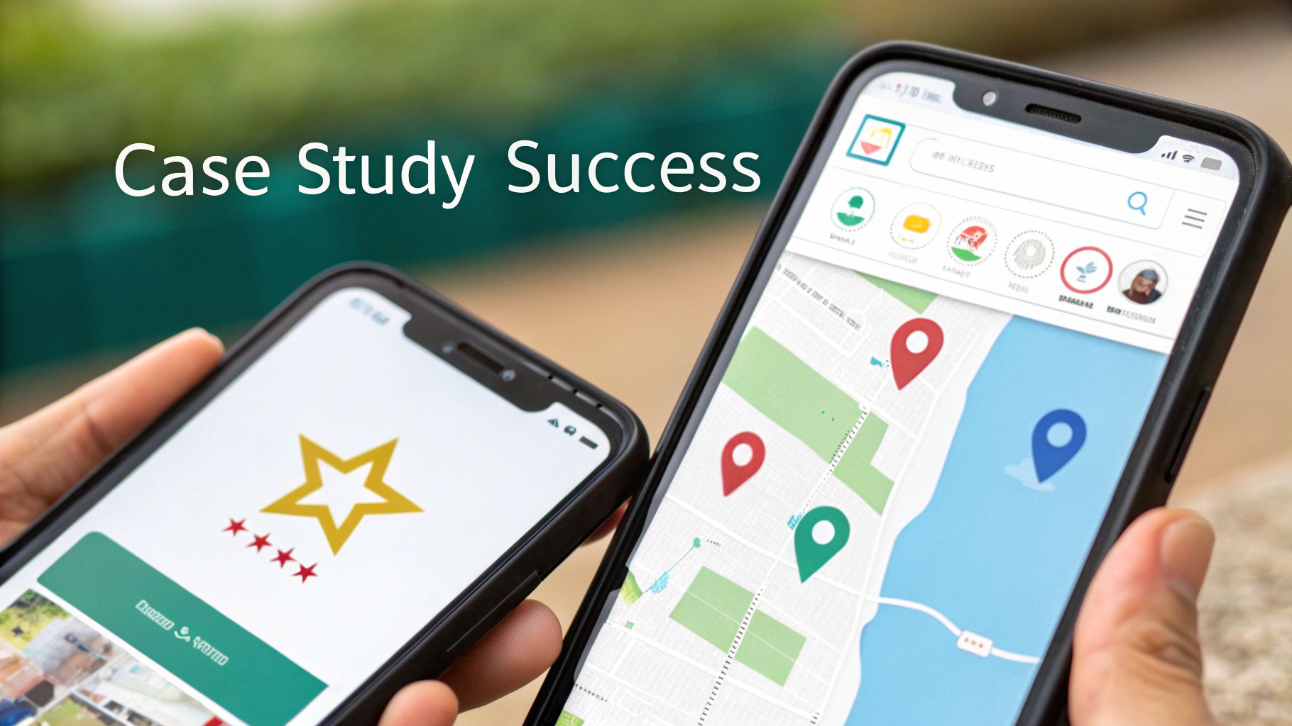 Two smartphones displaying a star rating app and a map with location pins, representing success.