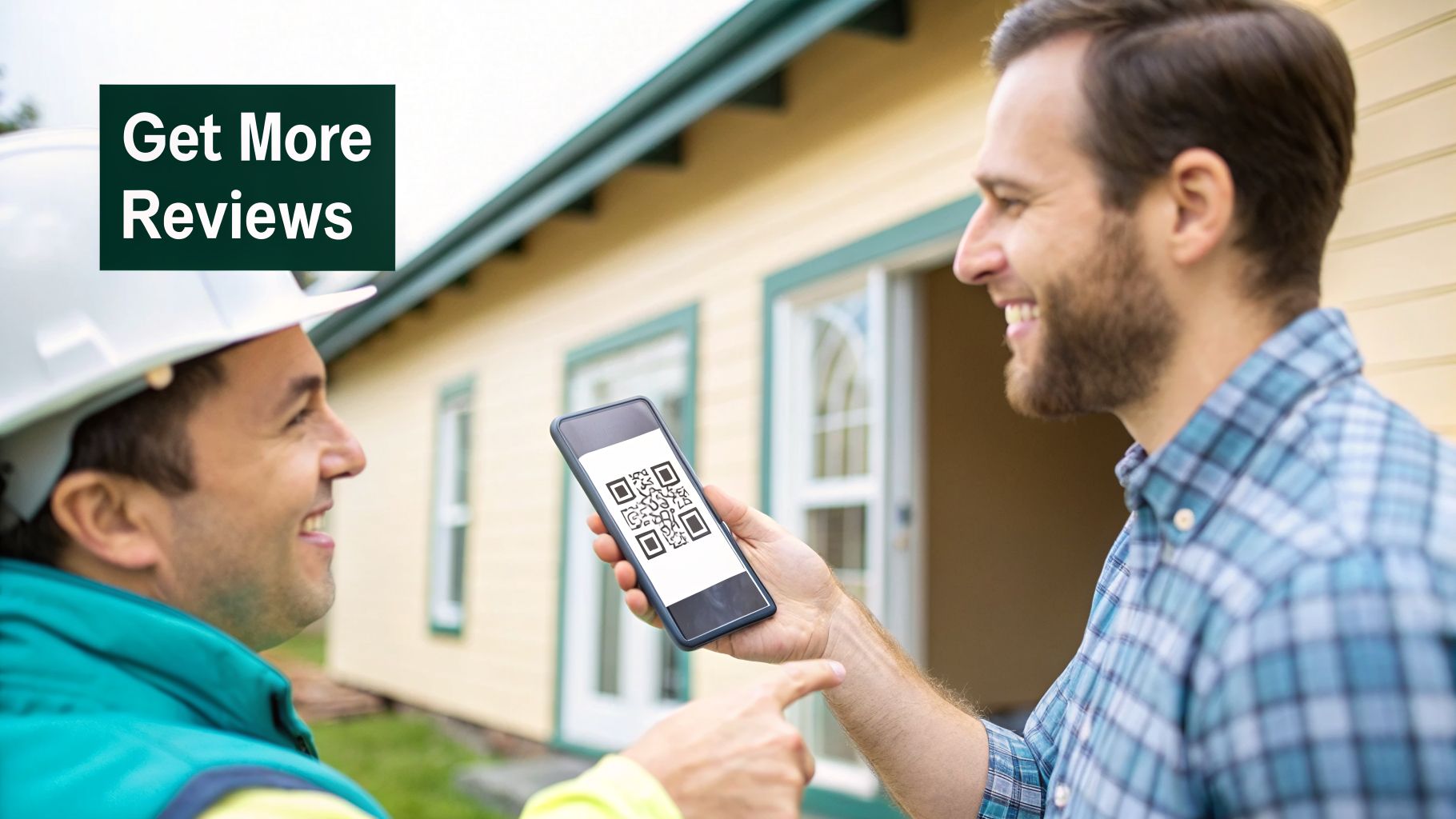 Contractor and customer smiling while scanning a QR code on a smartphone for customer reviews.