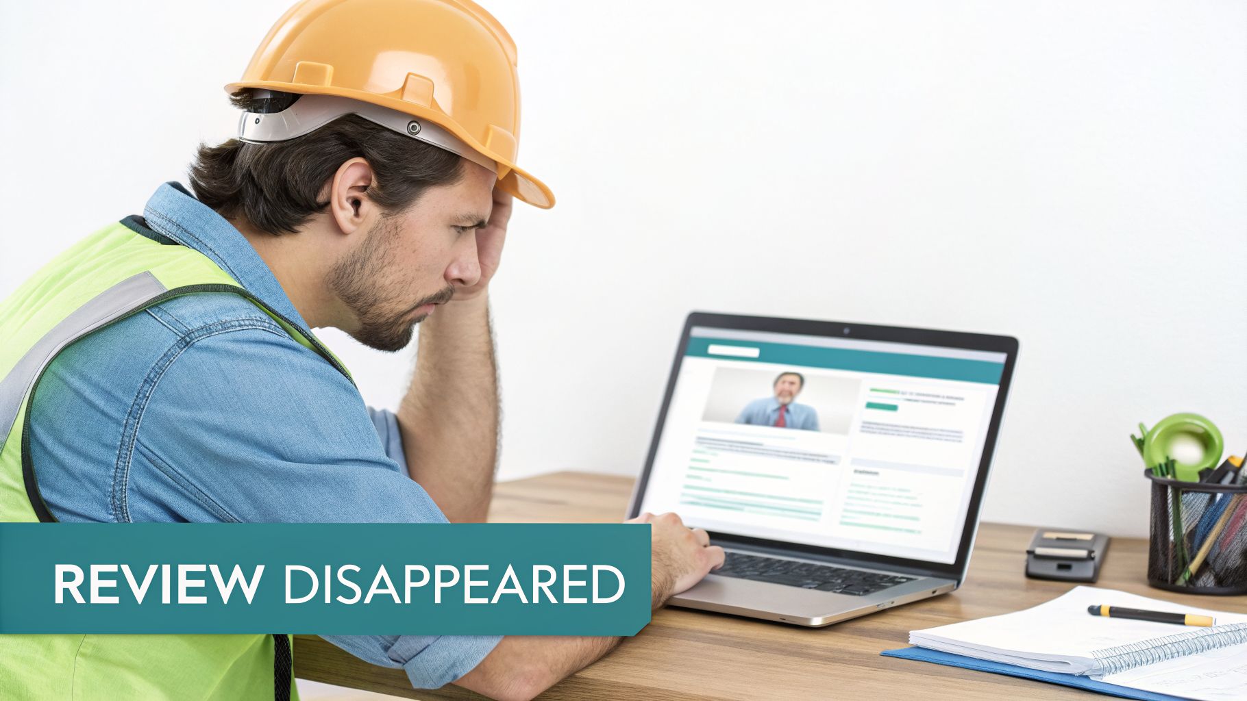 A frustrated construction worker in a hard hat looks at a laptop, distressed by a disappeared review.