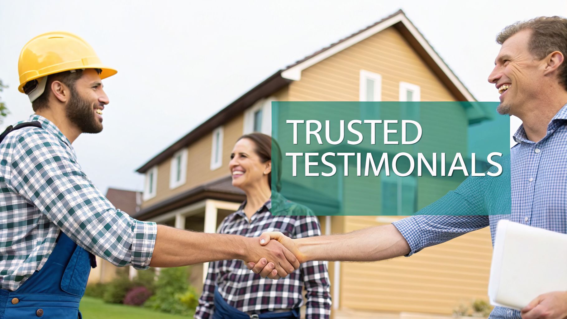 A construction worker in a hard hat shakes hands with a homeowner, symbolizing trusted testimonials.
