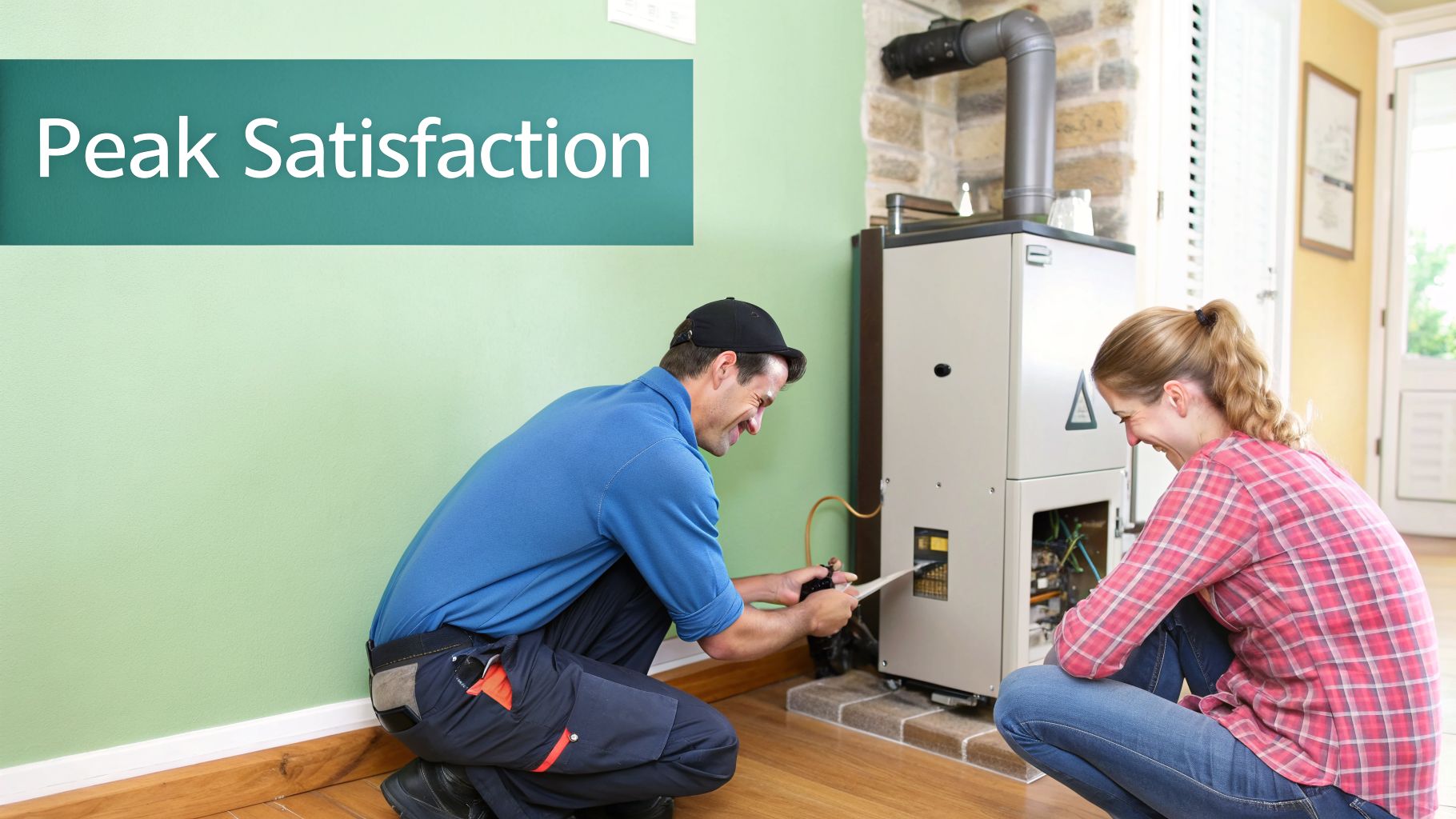 A smiling technician repairs a home heating system, observed by a satisfied female customer.