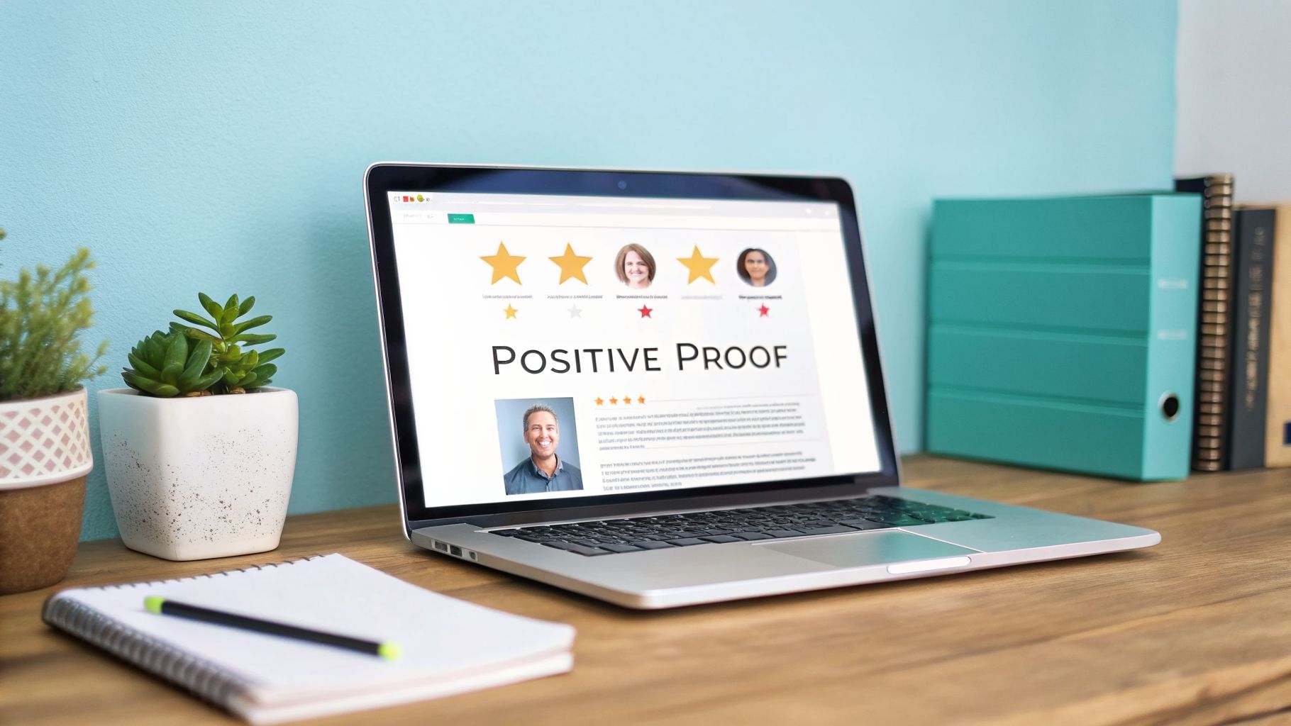 Laptop screen displaying 'Positive Proof' with star ratings and customer photos on a wooden desk.