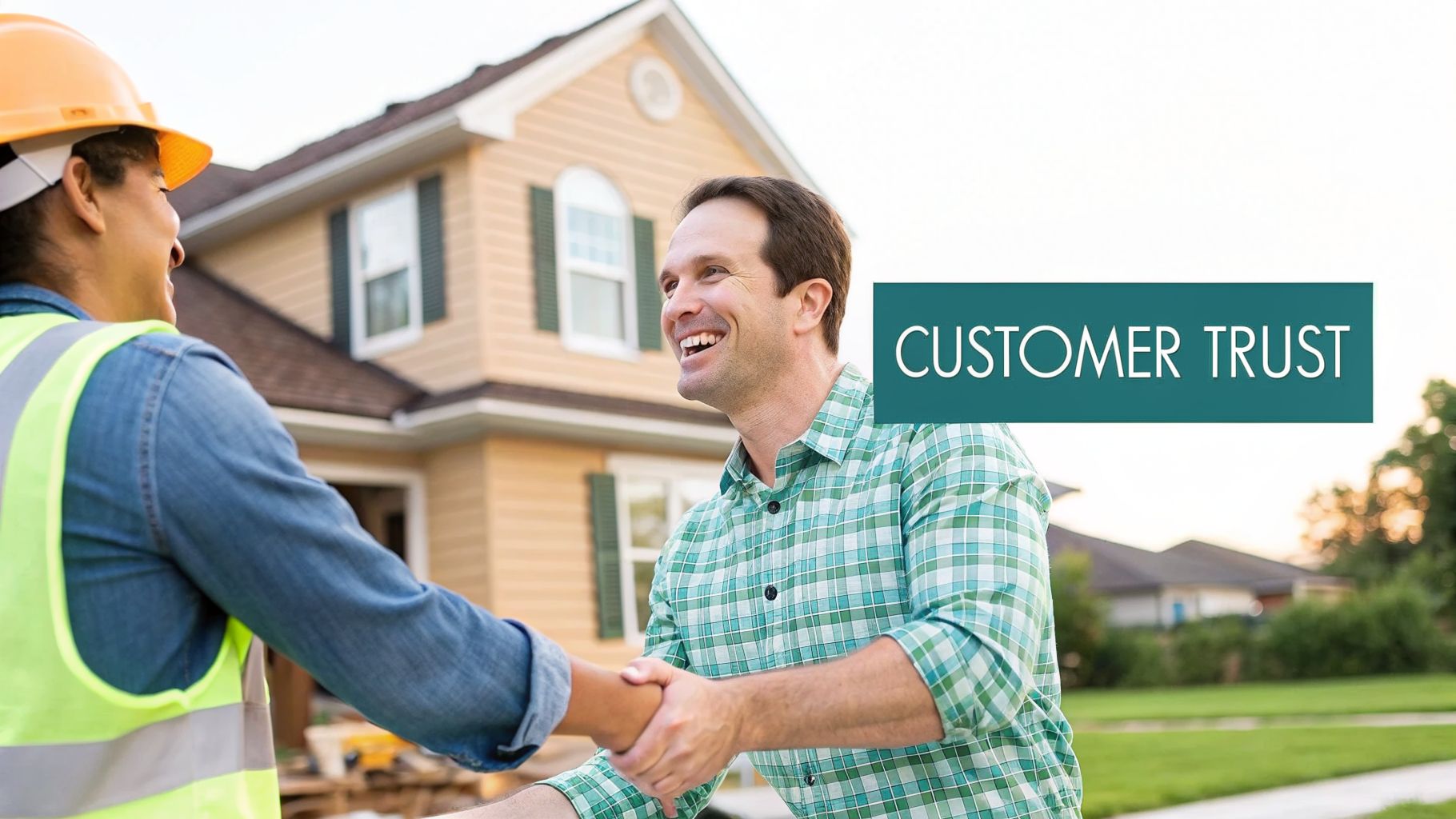A construction worker shakes hands with a smiling homeowner in front of a house, symbolizing customer trust.