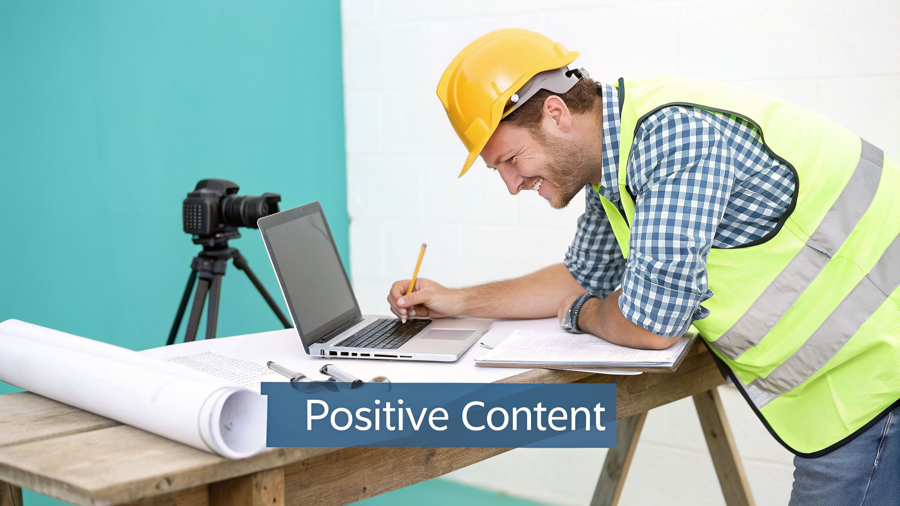 A smiling engineer in a hard hat and safety vest works on a laptop with blueprints and notes.