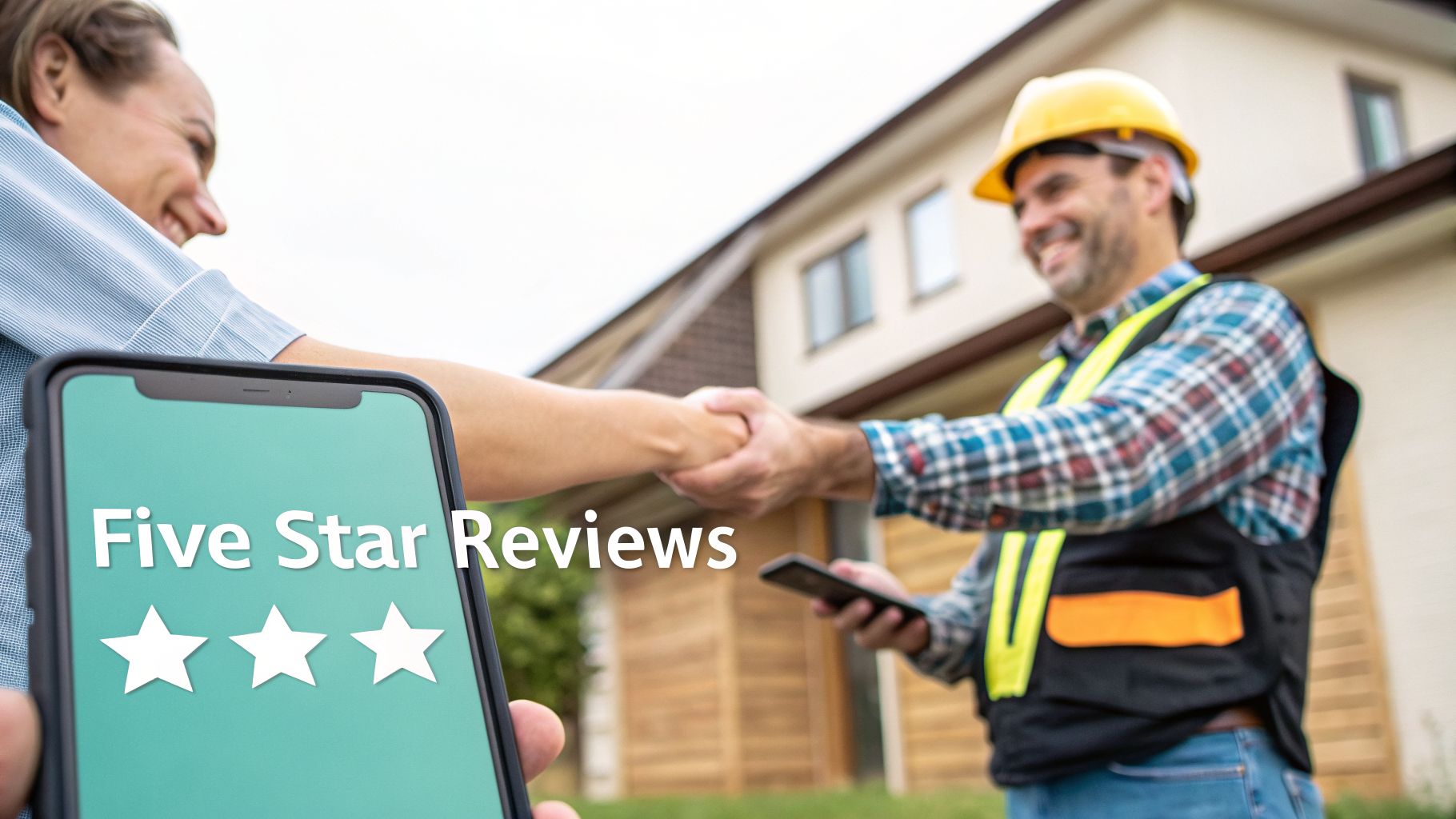 A happy client shakes hands with a construction professional, with a phone displaying 'Five Star Reviews'.