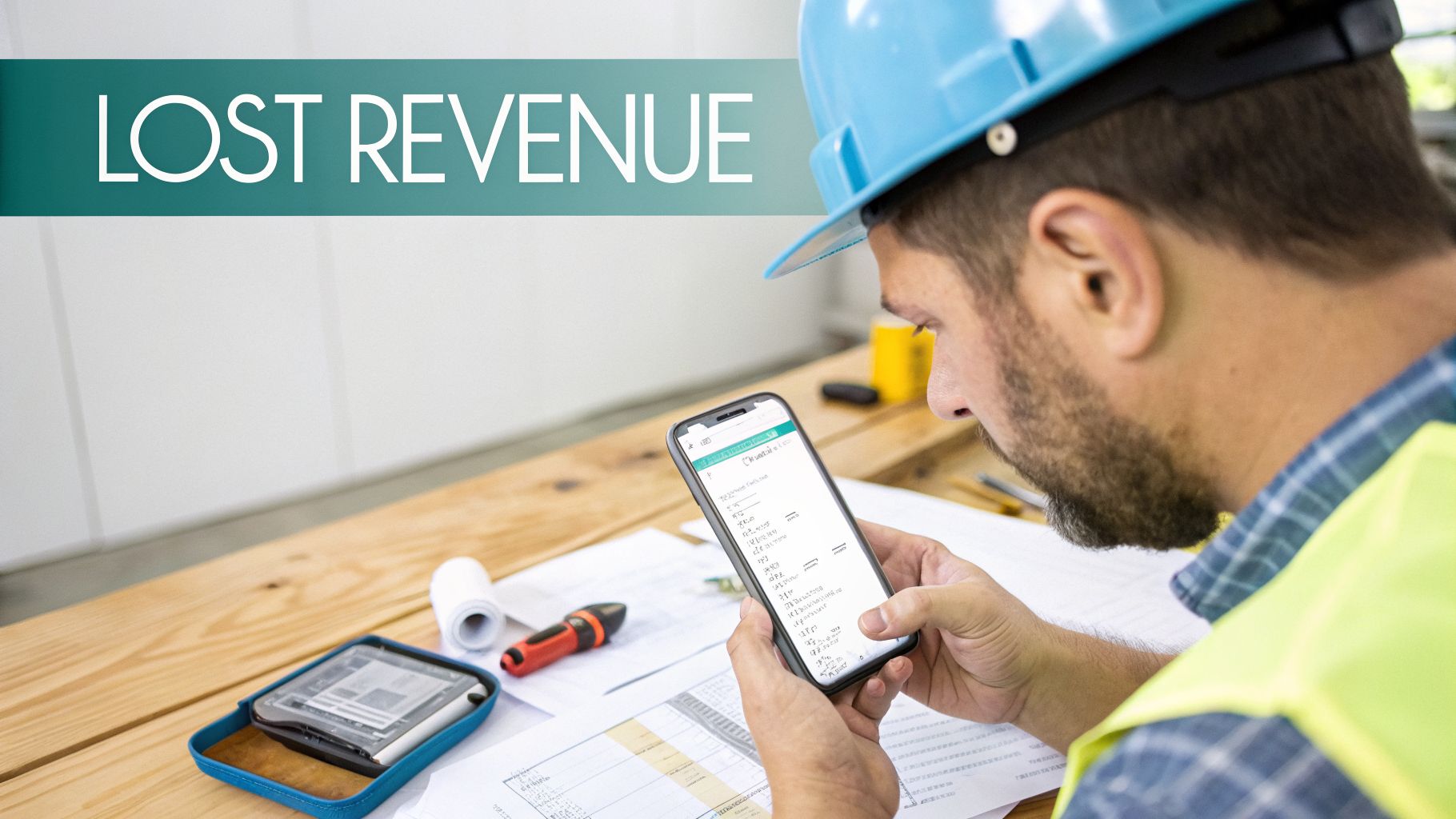 A construction worker in a hard hat and vest checks his phone, with 'Lost Revenue' text on the image.