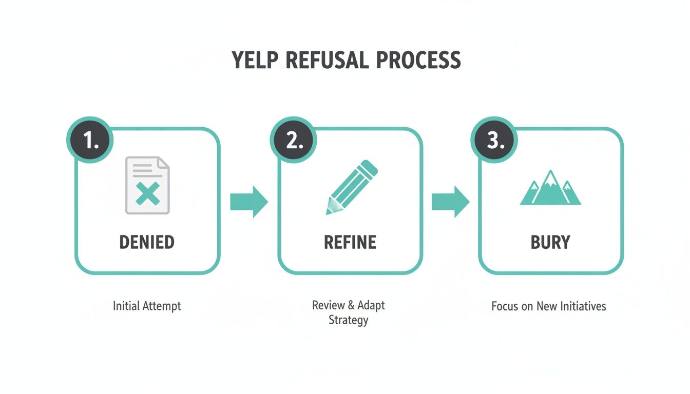 A three-step diagram illustrating the Yelp refusal process: Denied, Refine, and Bury strategies.