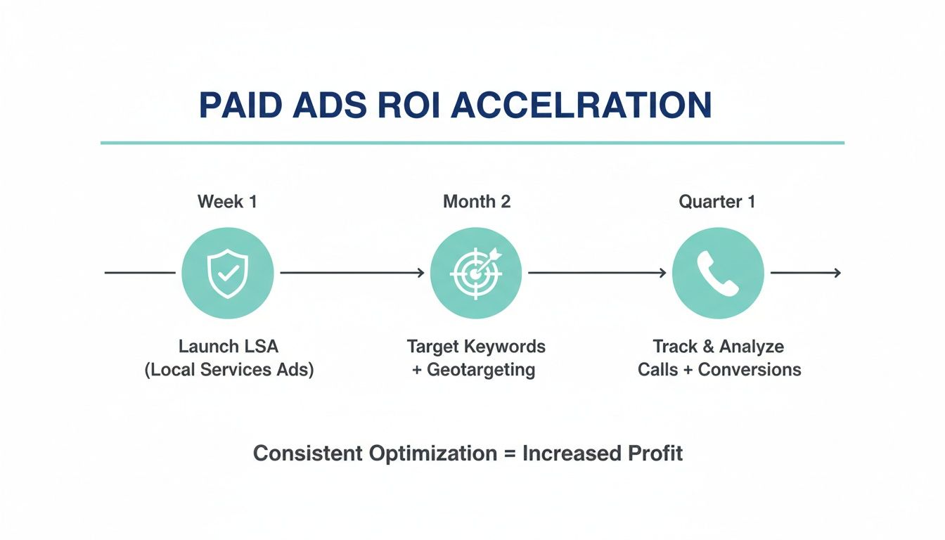 Paid ads ROI acceleration timeline illustrating a three-stage strategy for increasing profit.