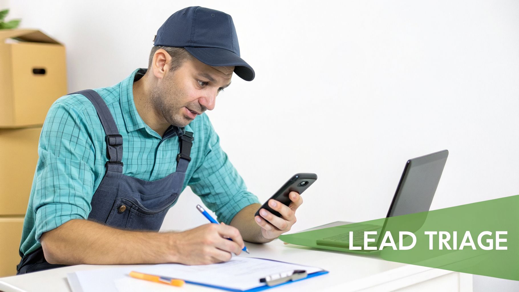 A service worker in overalls and a cap uses his phone and writes on a clipboard, managing leads.