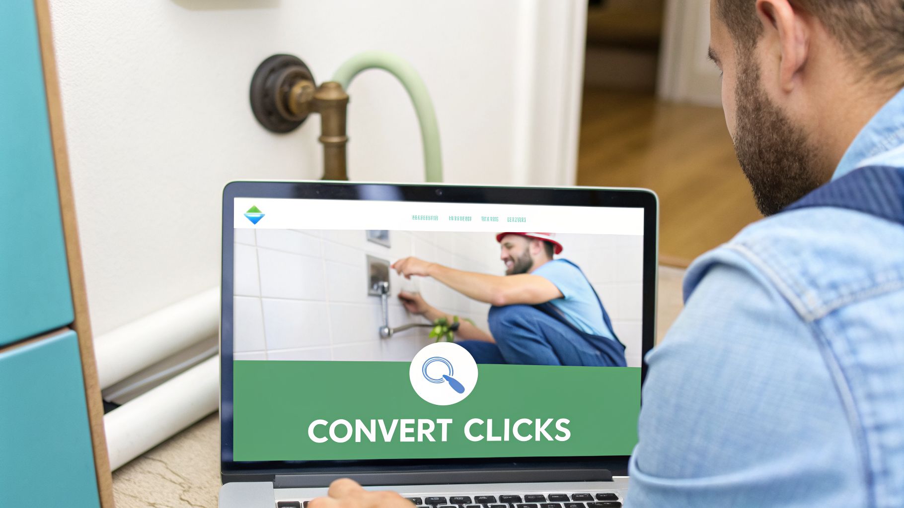 A person views a laptop screen displaying a website about converting clicks for plumbing leads, featuring a plumber working.