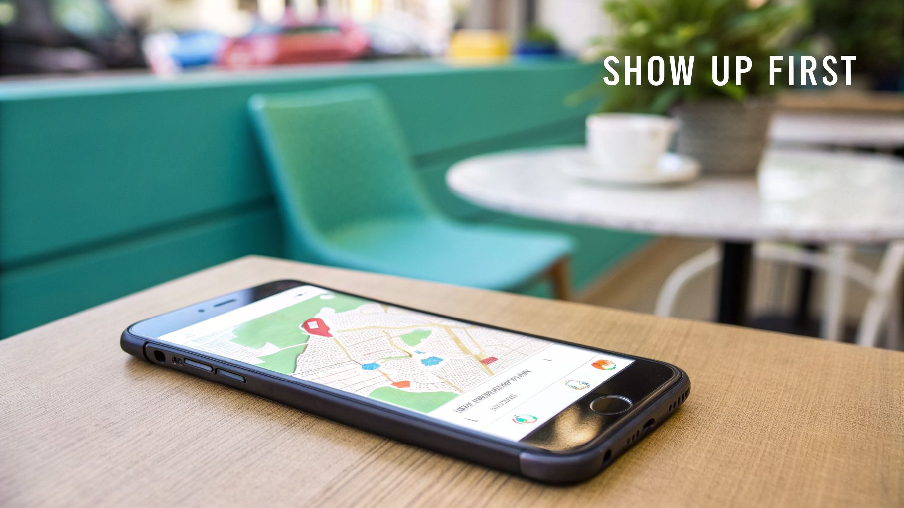 A smartphone displaying a map application rests on a wooden table in a cafe setting.
