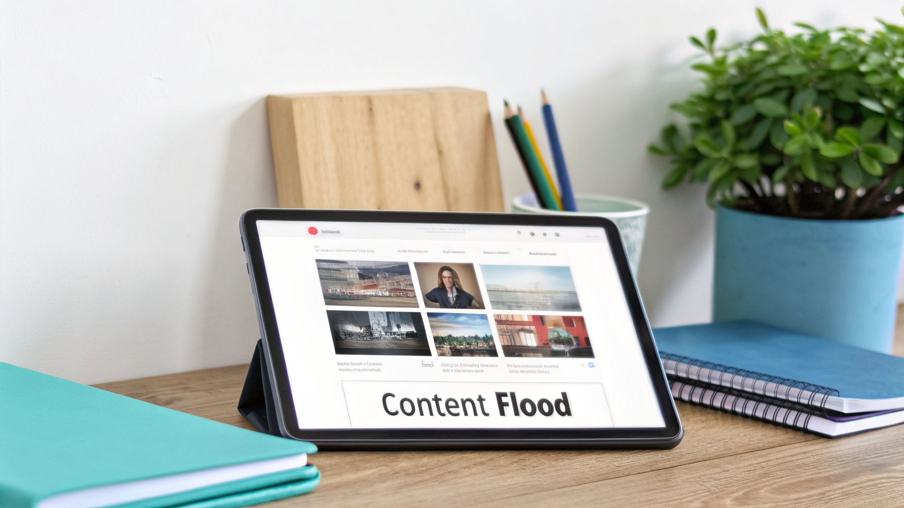 A modern tablet on a wooden desk displaying a website with the prominent text "Content Flood".