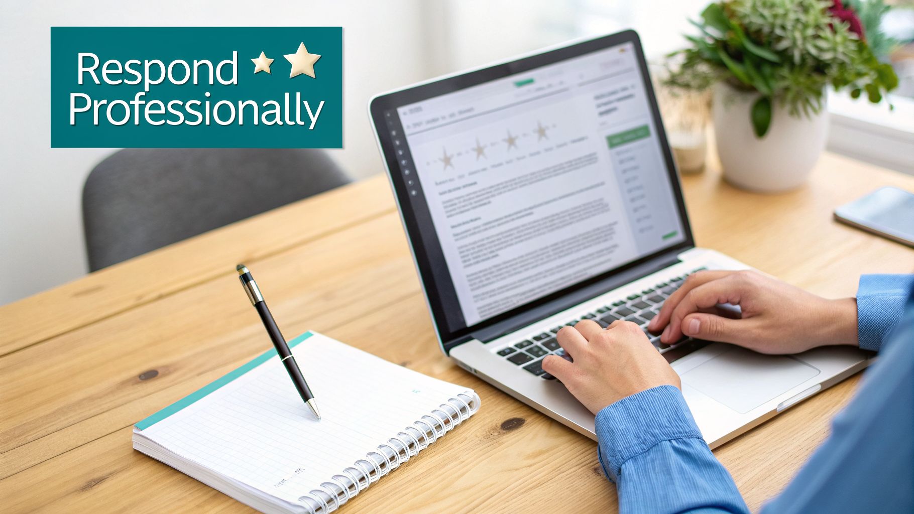 Hands typing on a laptop keyboard showing customer reviews, with a 'Respond Professionally' sign.