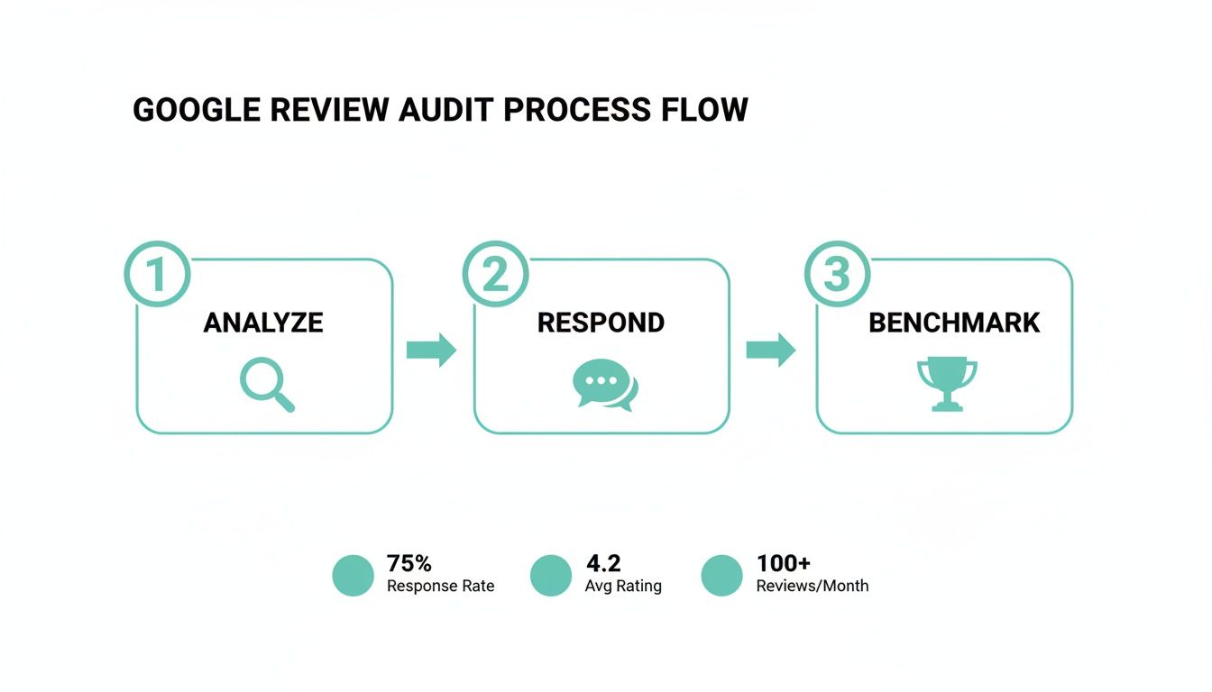 Flowchart showing Google Review audit process with steps Analyze, Respond, Benchmark, and performance metrics.