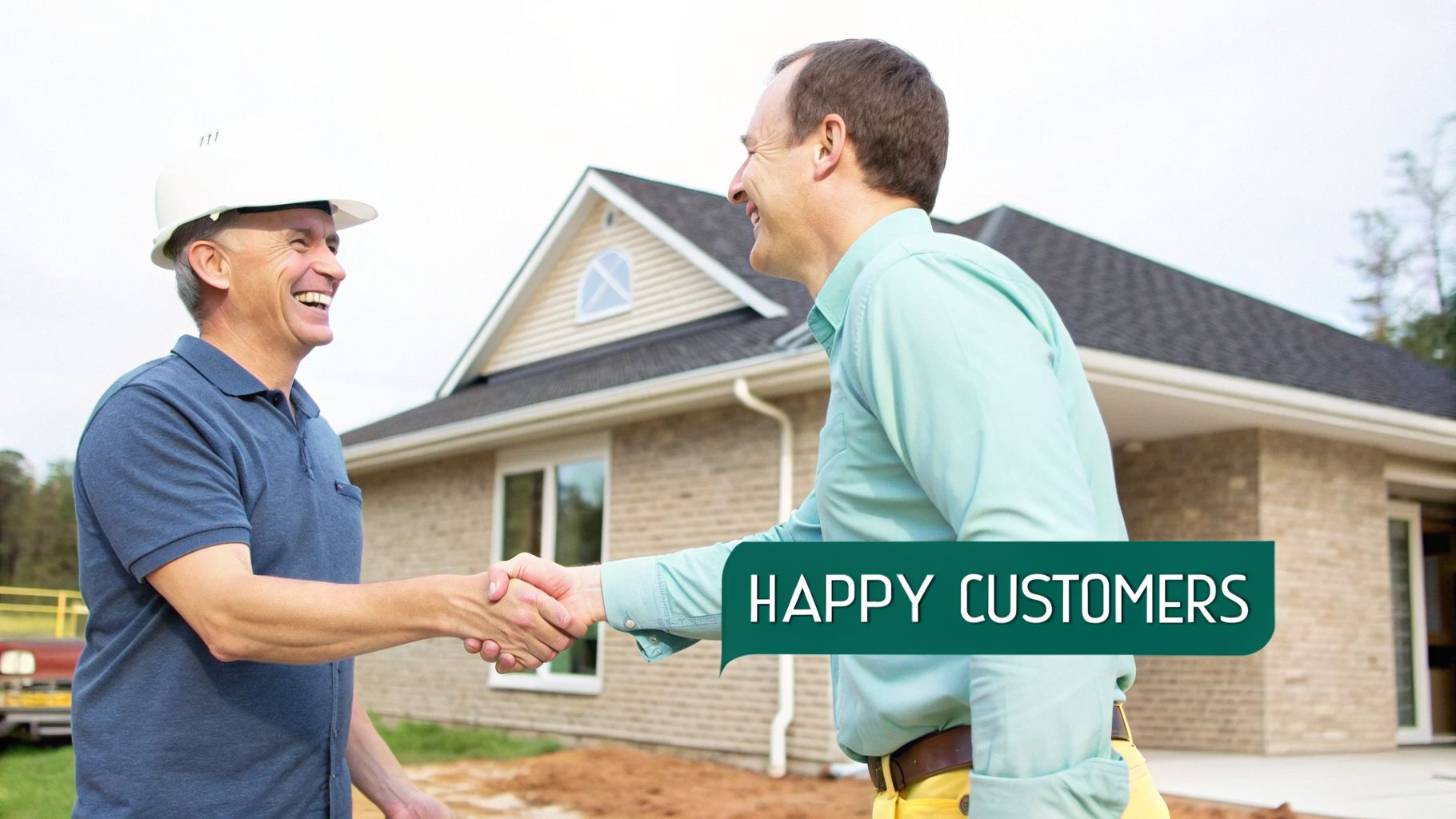 Two happy men, one a contractor, shake hands and smile in front of a newly built house.