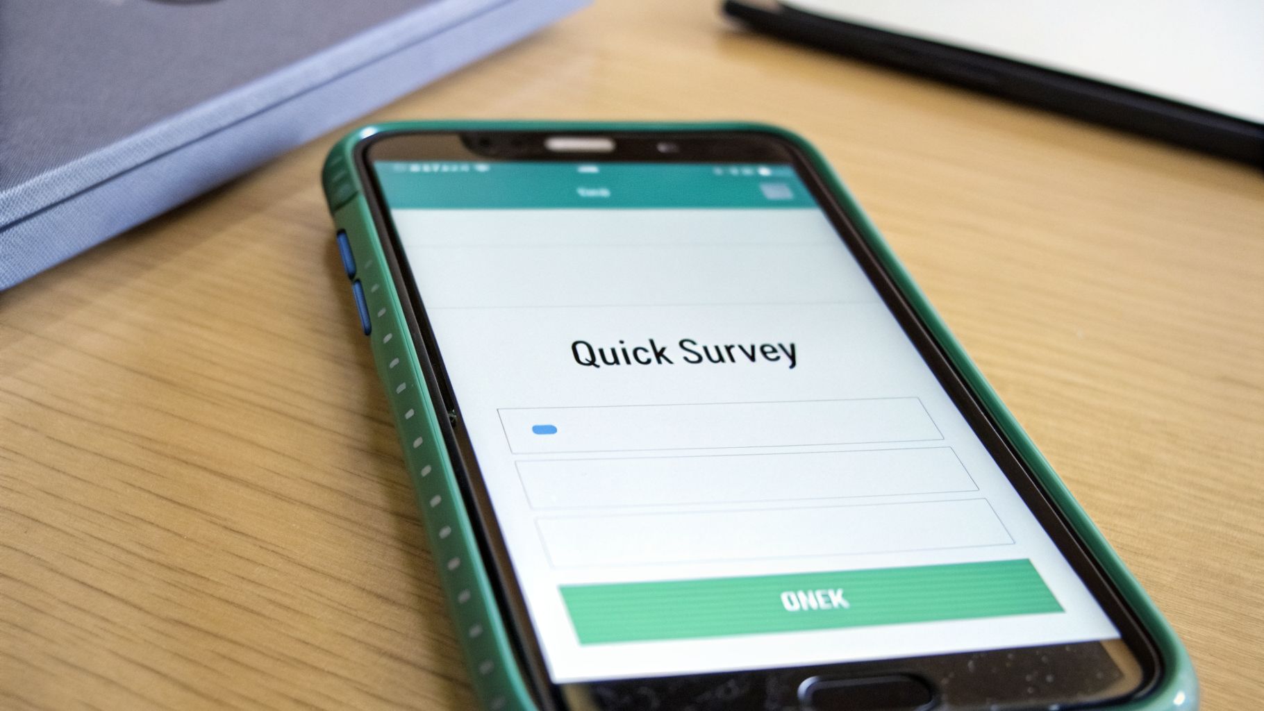 Close-up of a smartphone displaying a 'Quick Survey' form on a wooden desk next to a laptop.