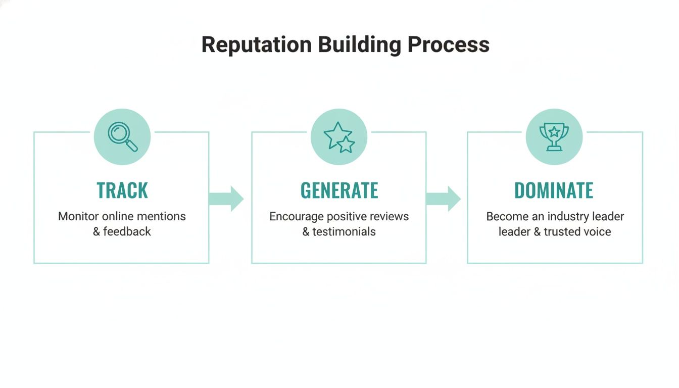 A three-step reputation building process: track mentions, generate reviews, and dominate as an industry leader.