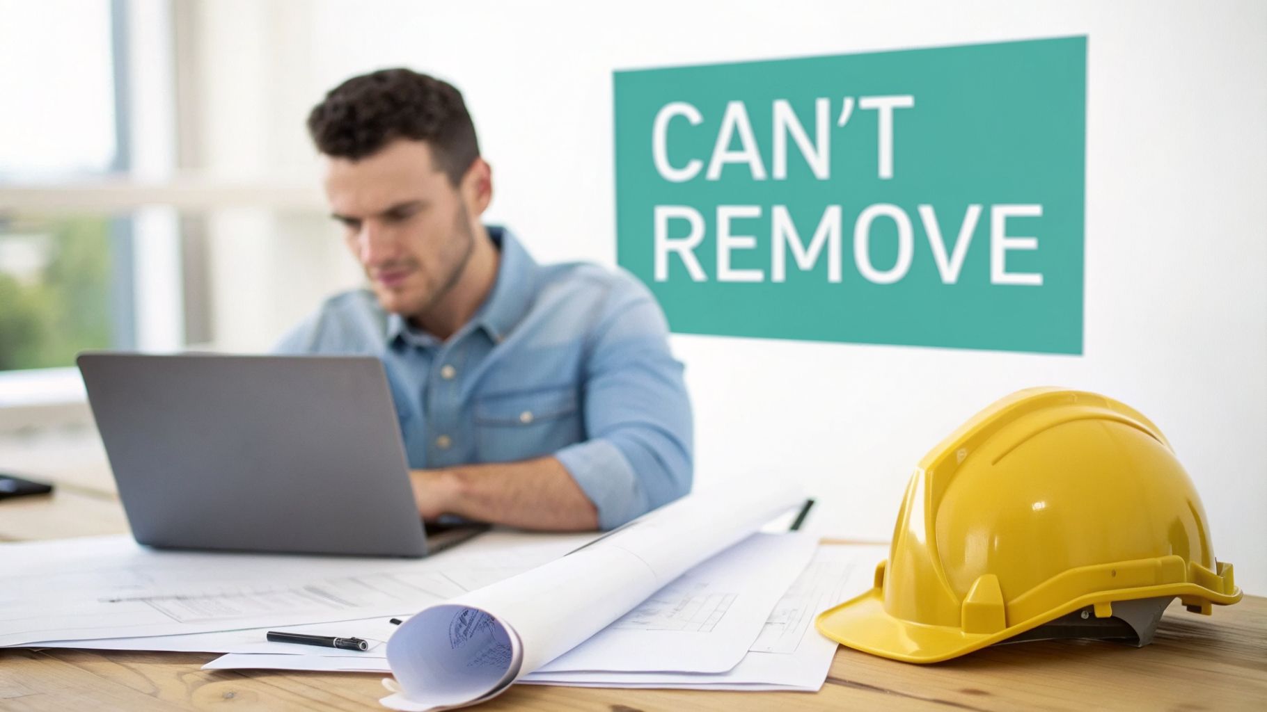 A man works on a laptop at a desk with blueprints and a yellow hard hat.