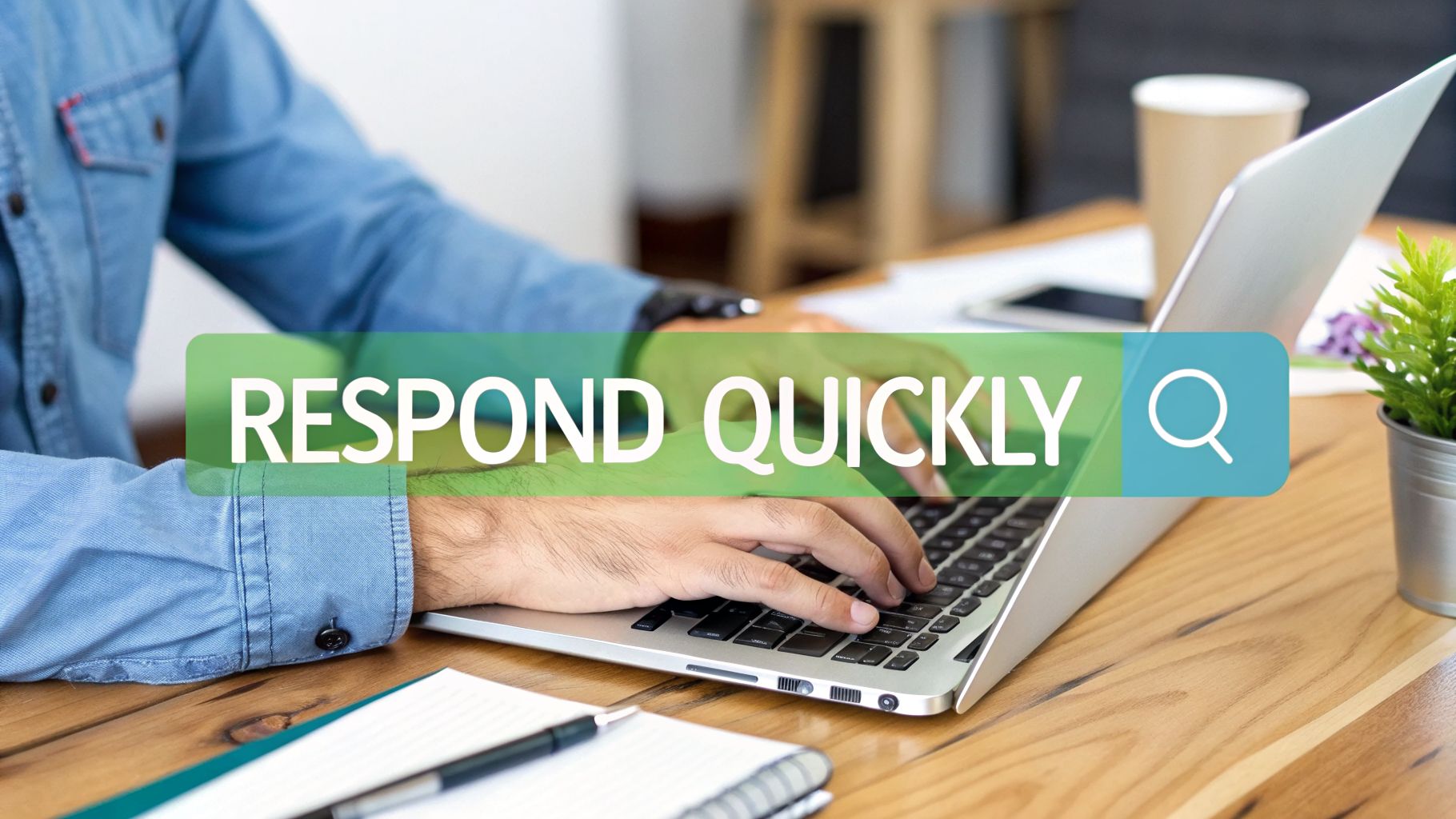 A person types on a laptop, with a 'RESPOND QUICKLY' banner, emphasizing fast communication and service.
