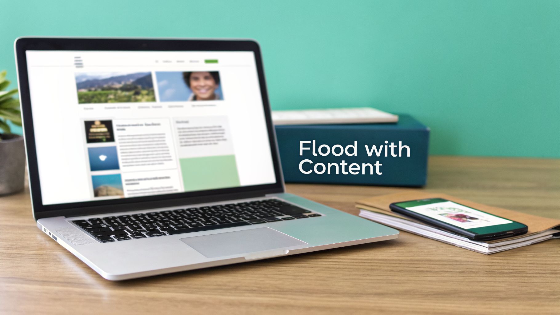 A modern laptop displaying a website, a smartphone, and books on a wooden desk with a teal background.
