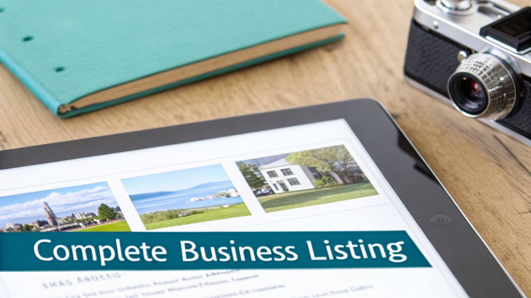 A tablet displaying a 'Complete Business Listing' webpage with image thumbnails, a notebook, and a vintage camera on a wooden desk.