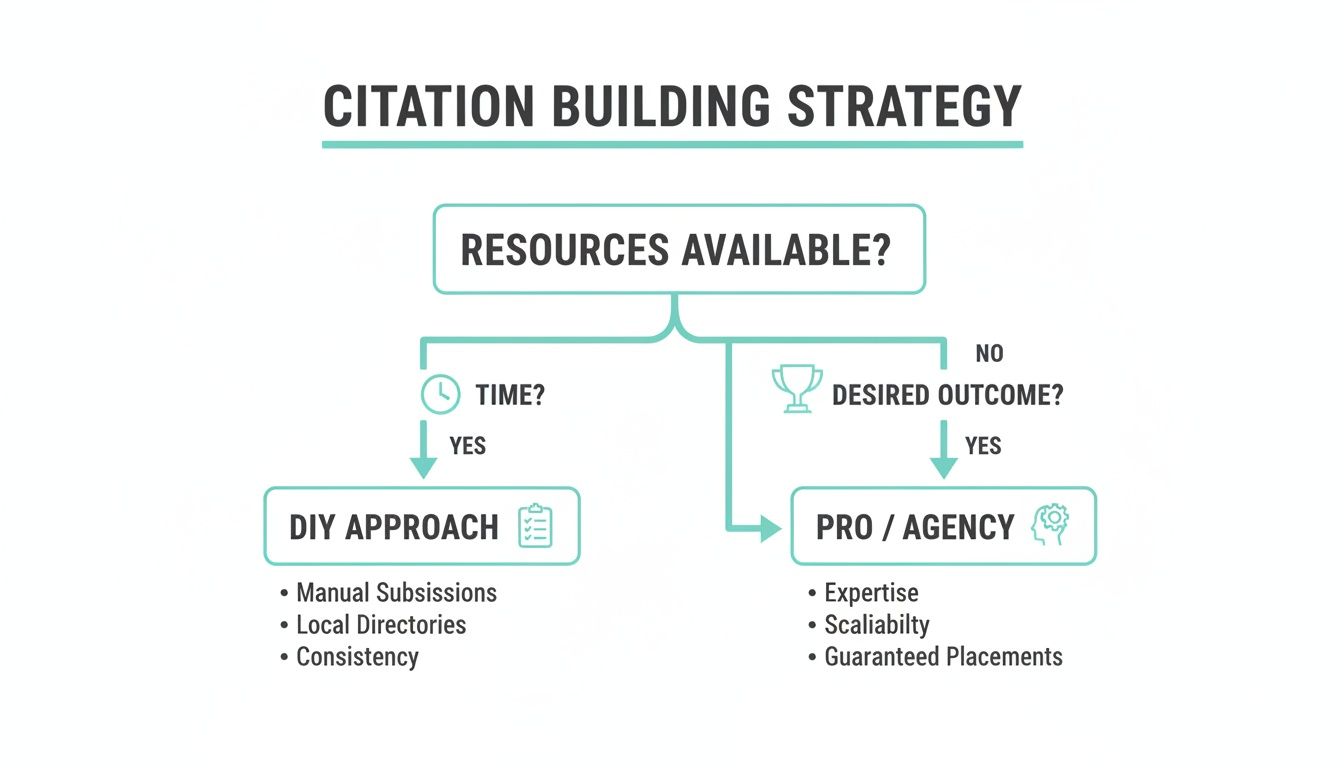 Flowchart outlining a citation building strategy, guiding choices between a DIY approach and professional agency.